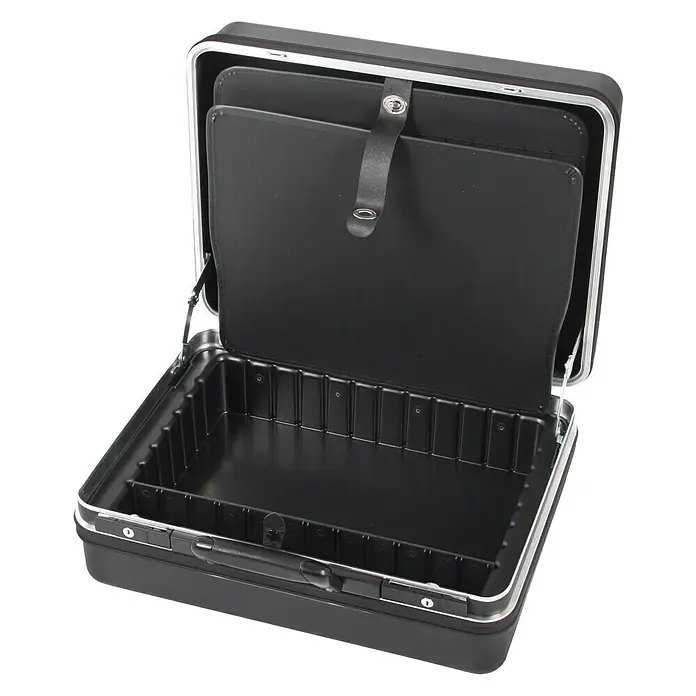 Hepco & Becker Werkzeugkoffer Classic 5182 - L x B: 430 x 510 mm, Höhe: 220 mm, ABS Pro - Offener schwarzer Kosmetikkoffer mit Fächern und silbernen Akzenten, ideal für die Aufbewahrung von Make-up und Accessoires.