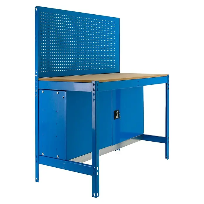 Simonrack Simonwork Banco de trabajo BT2 Locker - L x An: 61 x 121 cm, Altura de trabajo: 144,5 cm, Carga soportada: 600 kg, Azul - Banco de trabajo azul con panel perforado y tablero de madera. La mesa de taller tiene un armario para herramientas y accesorios. Ideal para talleres.