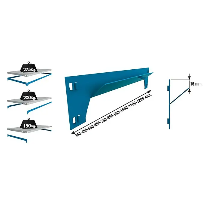 Simonrack Simonclick Travesaño para estanterías de carga pesada - Largo: 400 mm, Azul - Imagen del producto de un soporte de estante azul para cargas pesadas con especificaciones de carga y detalles de dimensiones. Diseño robusto.