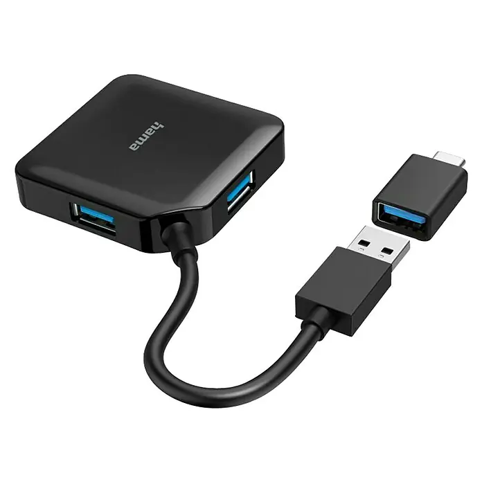 Hama USB-Hub inkl. USB-C-Adapter - USB-3.2 Gen 1, Schwarz - Schwarzer Hama USB-Hub mit mehreren USB-Ports und einem Adapter für verschiedene Geräteanschlüsse für flexible Konnektivität.