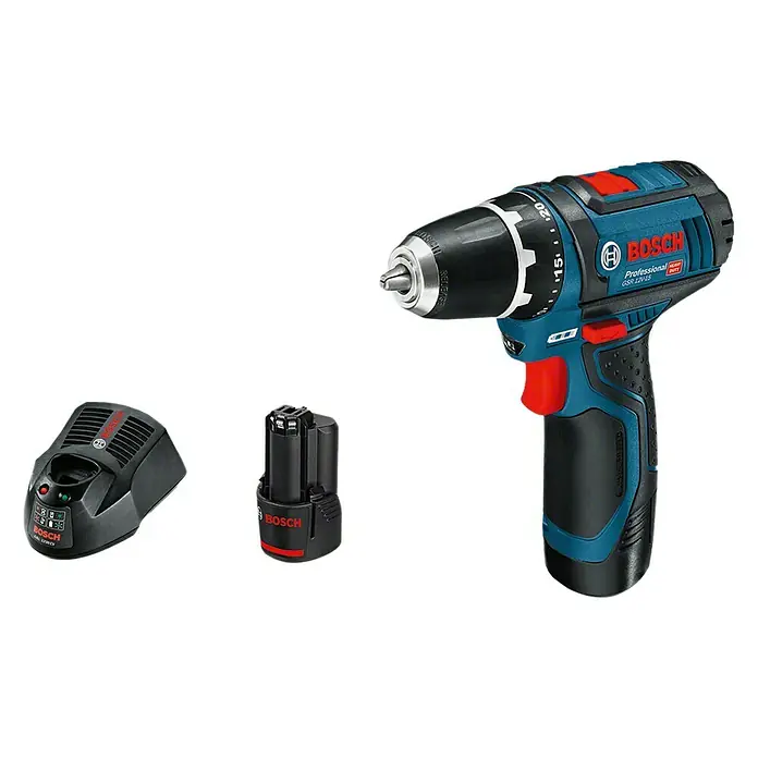 Bosch Professional Taladro atornillador percutor de batería GSB 12V-15 - 12 V, 2 baterías, 2 Ah, 30 Nm, 2 baterías y cargador - Imagen de un taladro atornillador inalámbrico Bosch GSR 12V-15 con batería y cargador, perfecto para aplicaciones profesionales y amantes del bricolaje.
