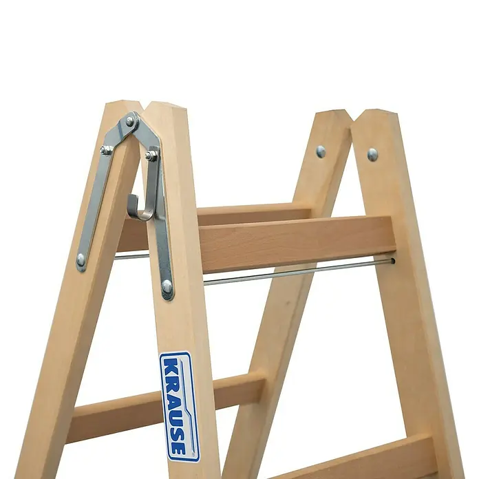 Krause Stabilo Doppelleiter - Anzahl Tritte: 10 Stk., Arbeitshöhe: 2,75 m, Belastbarkeit: 150 kg, Holz - Bild einer Krause Holzleiter mit Metallsicherungen und Sprossen. Ideal für den Hausgebrauch und sichere Arbeiten in der Höhe.