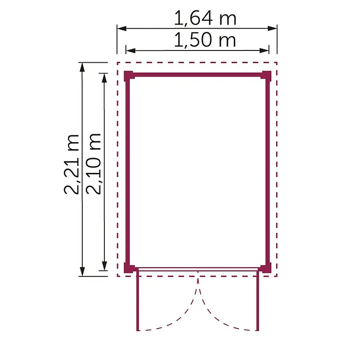 Kiehnholz Gerätehaus - Außenmaß inkl. Dachüberstand (B x T): 164 x 221 cm, Holz, Natur - Grundriss eines quadratischen Raumes mit Tür, mit Maßen 2,21 m x 1,64 m (äußere) und 2,10 m x 1,50 m (innere).