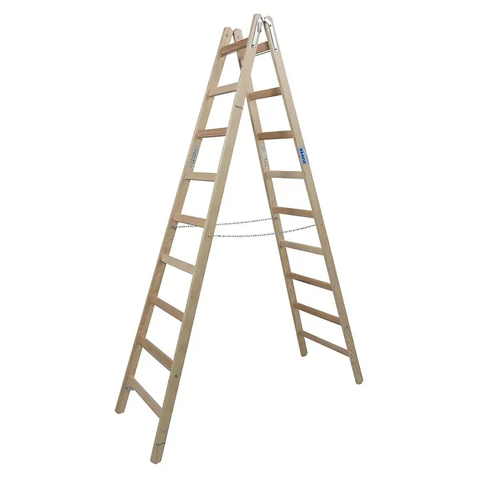 Krause Stabilo Doppelleiter - Anzahl Tritte: 18 Stk., Arbeitshöhe: 3,8 m, Holz - Freistehende Holzleiter der Marke Krause. Die Sprossen sind horizontal ausgerichtet und mit Ketten zur Stabilisierung ausgestattet.