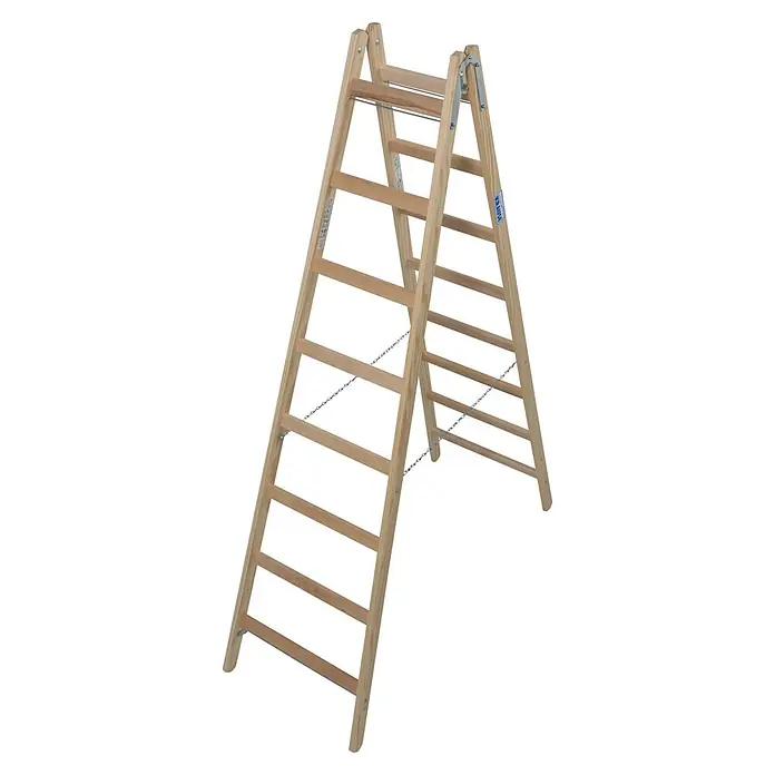 Krause Stabilo Doppelleiter - Anzahl Tritte: 16 Stk., Arbeitshöhe: 3,5 m, Holz - Eine freistehende Holzleiter mit Sprossen und silbernen Verstärkungen, die für Heimwerker- und Bauprojekte geeignet ist.