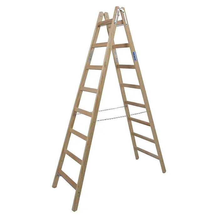 Krause Stabilo Doppelleiter - Anzahl Tritte: 16 Stk., Arbeitshöhe: 3,5 m, Holz - Holzleiter der Marke Krause, in A-Form aufgestellt, mit Ketten zur Stabilisierung und Trittstufen für den sicheren Aufstieg.
