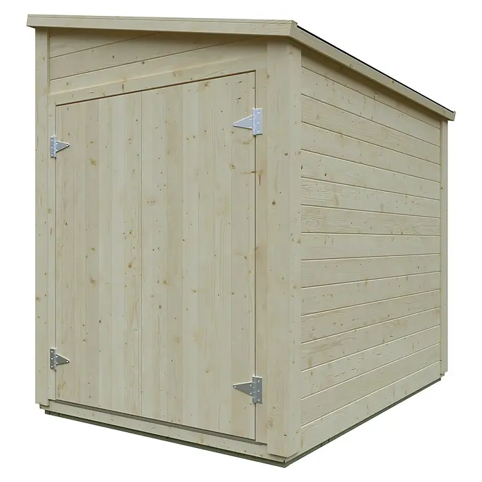 Kiehnholz Gerätehaus Bikebox - 2,19 x 1,58 m - Ein helles Holzgartenhaus mit einer Tür, die mit Scharnieren befestigt ist, bietet Stauraum im Freien und Schutz vor Witterungseinflüssen.