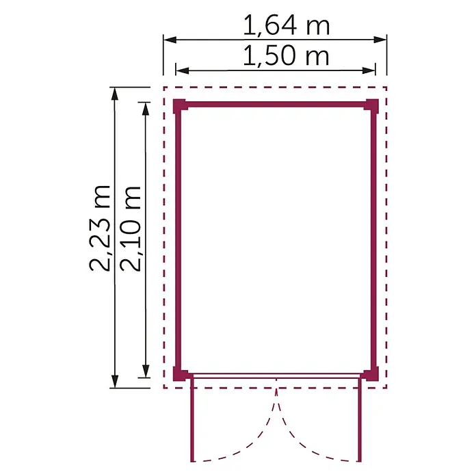Kiehnholz Gerätehaus - Außenmaß inkl. Dachüberstand (B x T): 164 x 223 cm, Holz, Natur - Grundriss eines Raumes mit einer Breite von 1,50 m und einer Länge von 2,10 m, die Außenmaße betragen 1,64 m bzw. 2,23 m.