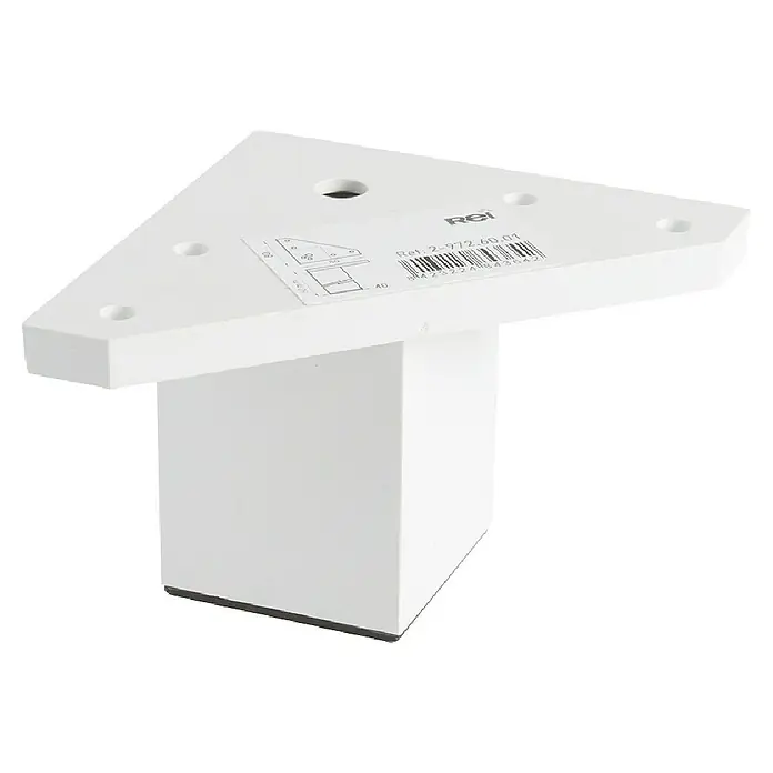 Rei Möbelfuß - L x B x H: 4 x 8 x 6 cm, Kunststoff, Weiß, 1 Stk. - Produktansicht eines weißen, dreieckigen Möbelfußes mit Montageplatte und schwarzem Bodenschoner für Möbel.