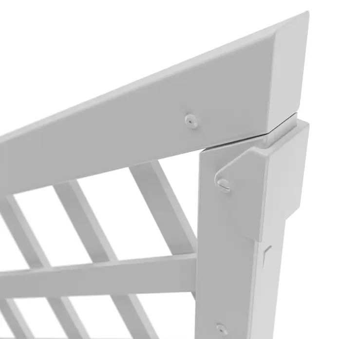 T & J Lightline Sichtschutzelement - 90 x 150 cm, Weiß - Detailansicht einer weißen Pergola-Ecke mit klaren Linien und Schrauben, die die Konstruktion sichern. Die Pergola besticht durch ihr schlichtes, modernes Design.