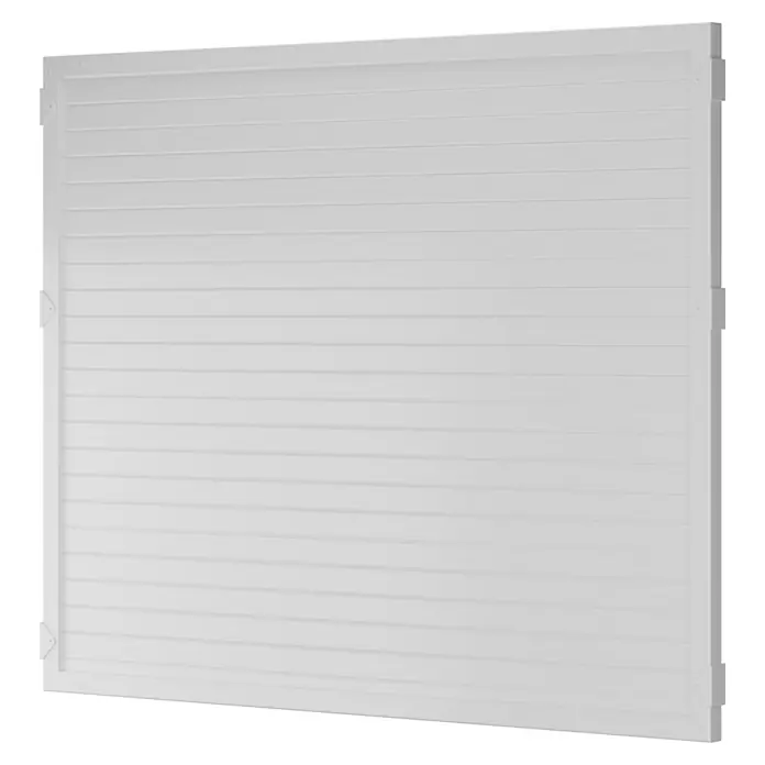 T & J Lightline Sichtschutzelement - 180 x 150 cm, Weiß - Nahaufnahme einer strahlend weißen, horizontal gerippten Garagentorplatte mit stabilen Rahmen, die Funktionalität und modernes Design vereint.