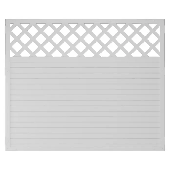 T & J Lightline Sichtschutzelement - 180 x 150 cm, Mit Rankgitter, Weiß - Ein weißer Gartenzaun mit Lattenstruktur und einem dekorativen Gitteraufsatz. Perfekt für Privatsphäre und als stilvolles Element im Garten.