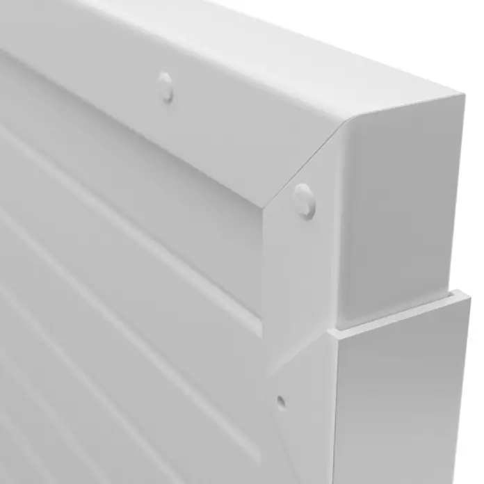 T & J Lightline Sichtschutzelement - 90 x 180 cm, Weiß - Nahaufnahme eines weißen, horizontal gerippten Paneels, das durch einen stabilen, abgewinkelten Rahmen gesichert ist, ideal für moderne Designs.
