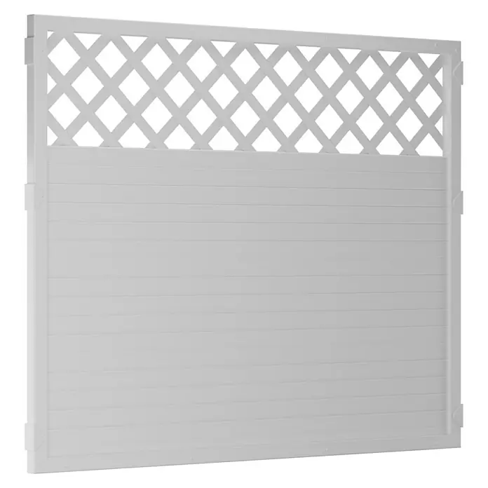 T & J Lightline Sichtschutzelement - 180 x 150 cm, Mit Rankgitter, Weiß - Nahaufnahme eines weißen Zaunelements mit Lattenstruktur und horizontalen Brettern. Ein dekorativer und funktionaler Gartenzaun.