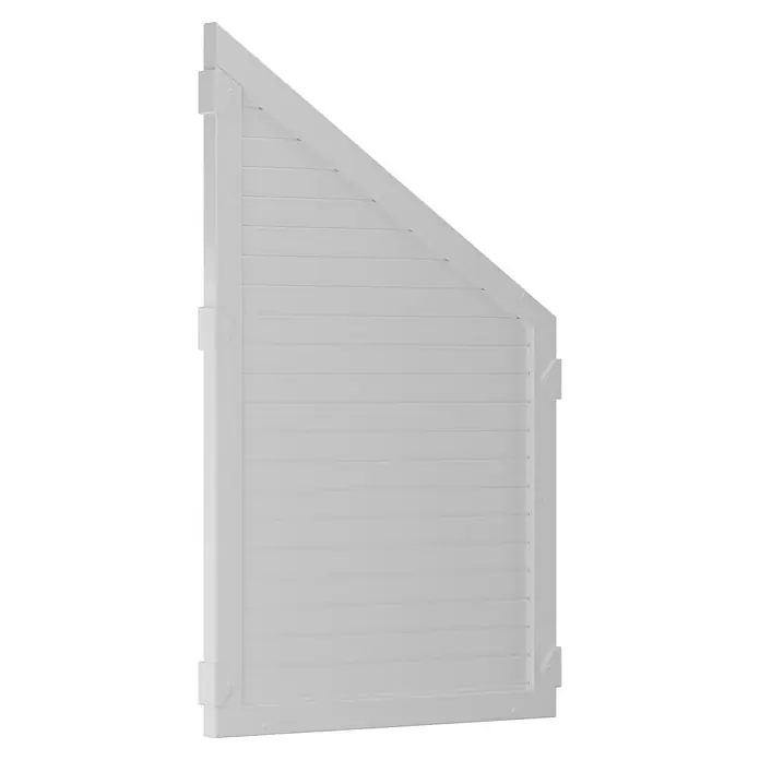 T & J Lightline Sichtschutzelement Ecke - 90 x 150 cm, Abgeschrägt, Weiß - Nahaufnahme eines weißen, dreieckigen Fensterladens mit horizontalen Lamellen und einem stabilen Rahmen. Ideal für den Außenbereich.