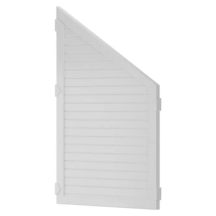 T & J Lightline Sichtschutzelement Ecke - 90 x 150 cm, Abgeschrägt, Weiß - Weißer, dreieckiger Fensterladen mit horizontalen Lamellen, der sich ideal für Häuser mit einzigartigen architektonischen Merkmalen eignet.