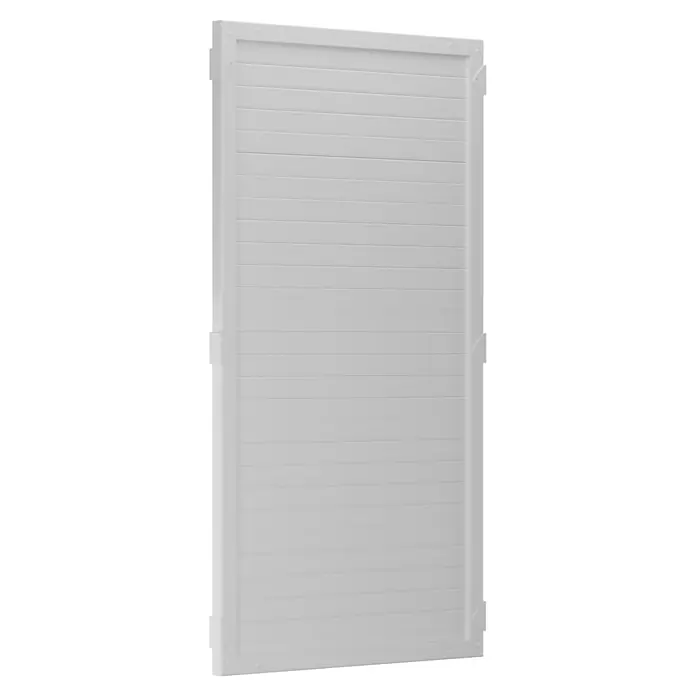 T & J Lightline Sichtschutzelement - 90 x 180 cm, Weiß - Diese Aufnahme zeigt ein weißes, rechteckiges Paneel, das aus mehreren horizontalen Lamellen besteht und von einem Rahmen umgeben ist.