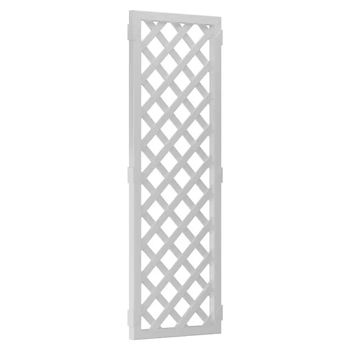 T & J Lightline Sichtschutz-Rankgitter - 60 x 180 cm, Kunststoff, Weiß - Eine weiße Gartentür mit Rautenmuster bietet einen stilvollen und funktionalen Zugang zum Garten.