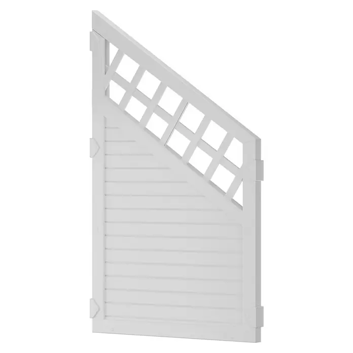T & J Lightline Sichtschutzelement - 90 x 150 cm, Weiß - Nahaufnahme eines weißen Zaunelements mit Lattenstruktur und vertikalen sowie horizontalen Brettern.