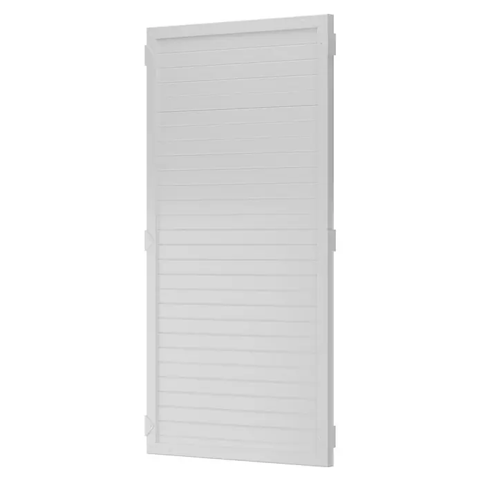 T & J Lightline Sichtschutzelement - 90 x 180 cm, Weiß - Aufnahme eines weißen Aluminium-Sichtschutzzauns mit horizontalen Lamellen und einem schlichten, modernen Design für den Außenbereich.
