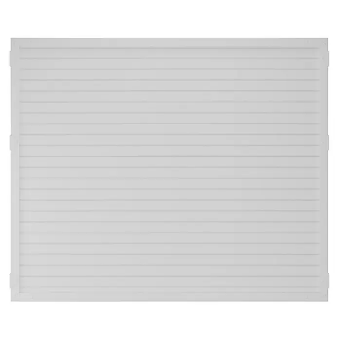 T & J Lightline Sichtschutzelement - 180 x 150 cm, Weiß - Das Bild zeigt ein weißes Sichtschutzelement mit horizontalen Lamellen und einem umlaufenden Rahmen für den Garten.