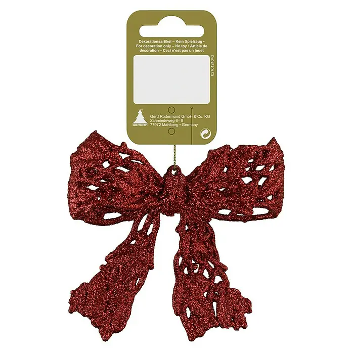 Christbaumschmuck Schleife Glitzer - Rot, Kunststoff, Schleife - Rote, glitzernde Schleife zur Dekoration, ideal für festliche Anlässe und als Baumschmuck.