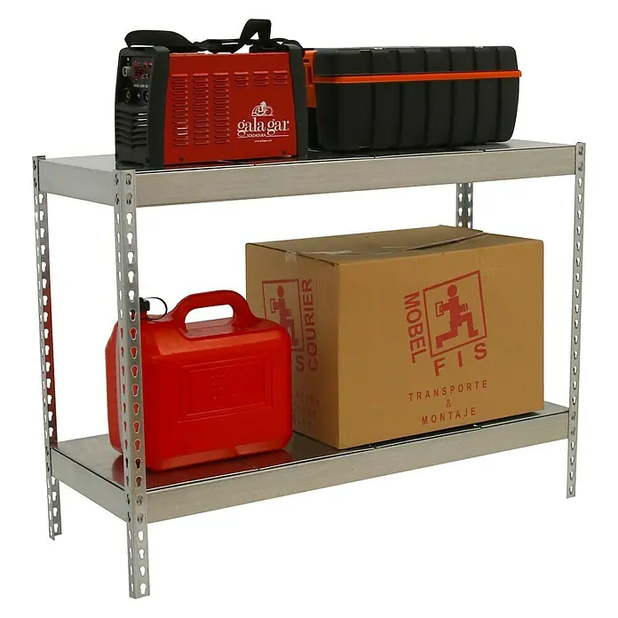 Simonrack Simontaller Schwerlastregal Ecoforte Metall - H x B x T: 90 x 120 x 75 cm, Traglast pro Boden: 400 kg, Anzahl Böden: 2 Stk., Stecken, Silber - Regal mit einer roten Schweißmaschine, einer schwarzen Werkzeugkiste, einem roten Kanister und einem braunen Karton.