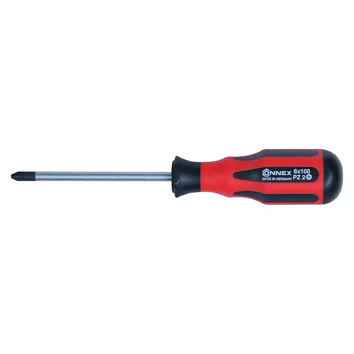 Connex Destornillador COX353012 - PZ 2, Longitud de la hoja: 100 mm - Destornillador ergonómico rojo y negro con vástago plateado y punta Pozidriv PZ2.