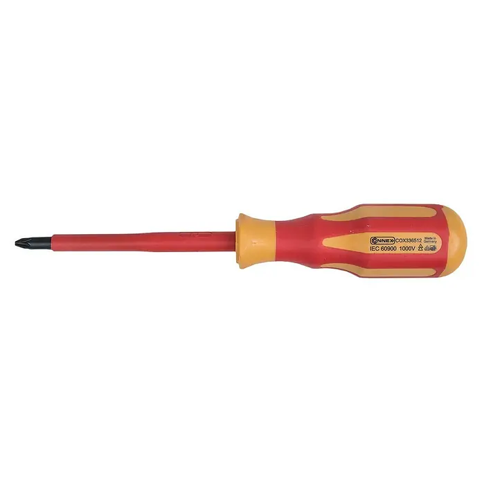 Connex Destornillador para electricista COX336512 - PZ 2, Longitud de la hoja: 100 mm - Un destornillador aislado con mango rojo y amarillo para un trabajo seguro en sistemas eléctricos.