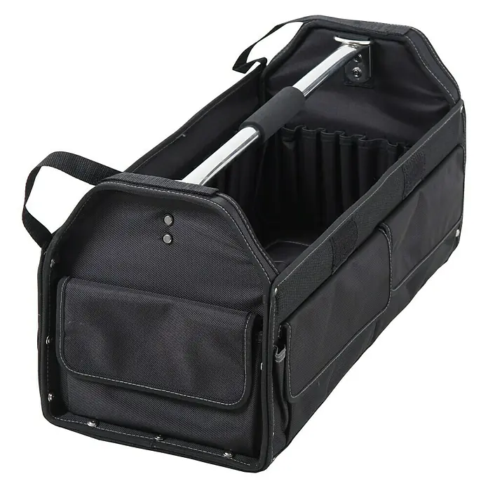 Hepco & Becker Werkzeugtasche Profi-Installateurtasche 5857 - L x B x H: 290 x 620 x 310 mm, Polyester - Eine schwarze Werkzeugtasche mit vielen Taschen und einem silbernen Griff für einfachen Transport. Sie ist ideal für Handwerker und Heimwerker.