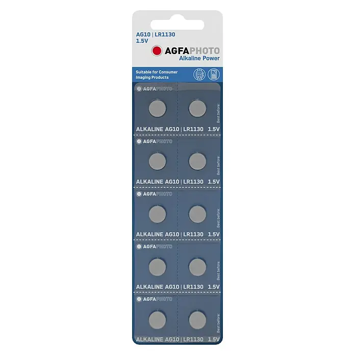 Knopfzelle - LR1130, 1,5 V, 10 Stk. - Eine Packung AGFA Photo AG10 | LR1130 1.5V Alkaline-Batterien, ideal für diverse Geräte in der Bildverarbeitung.