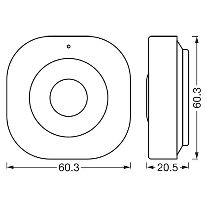 Ledvance Smart+ WiFi Bewegungsmelder - Weiß, L x B x H: 6,03 x 2,05 x 6,03 cm - Schematische Darstellung eines quadratischen Produkts mit konzentrischen Kreisen und Maßangaben.