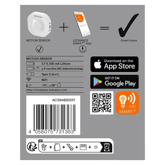 Ledvance Smart+ WiFi Bewegungsmelder - Weiß, L x B x H: 6,03 x 2,05 x 6,03 cm - Bild einer LEDVANCE Smart Home Bewegungsmelder-Produktverpackung.