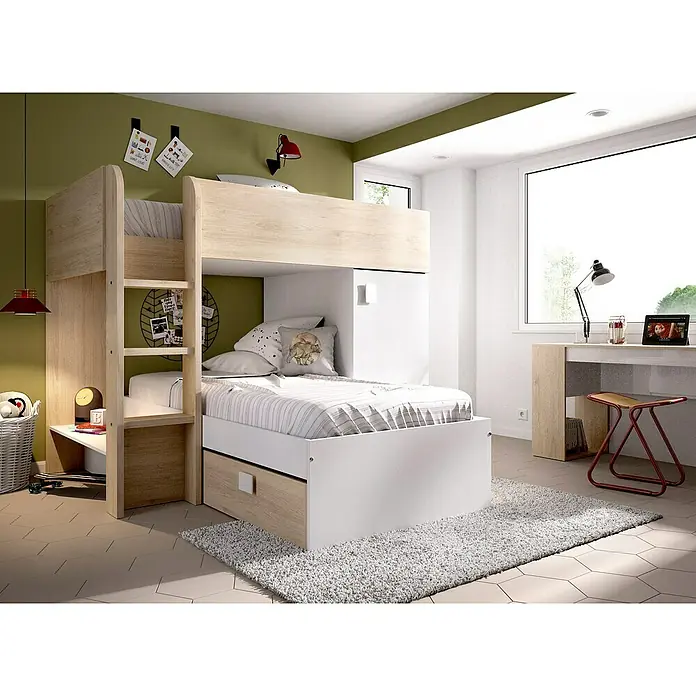 Dekit Litera Move - Natural/Blanco, Montaje reversible - Atractiva habitación infantil con una práctica litera con aspecto de madera que ofrece mucho espacio de almacenamiento e invita a jugar.