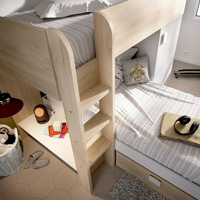 Dekit Litera Move - Natural/Blanco, Montaje reversible - Atractiva litera con escritorio integrado y práctica escalera para habitaciones infantiles. Ideal para vivir y jugar ahorrando espacio.