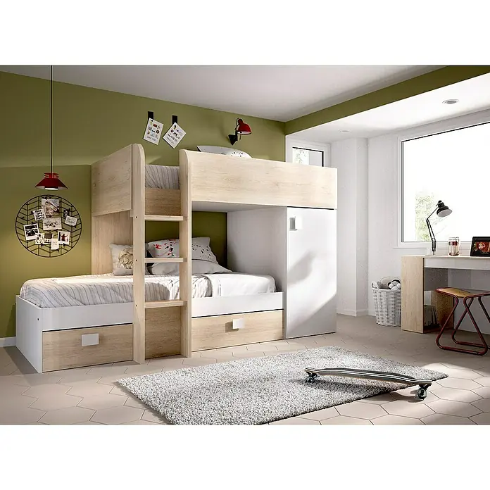 Dekit Litera Move - Natural/Blanco, Montaje reversible - Una habitación infantil moderna con una litera de madera y blanco con almacenamiento. La habitación está diseñada para ser amigable y luminosa.