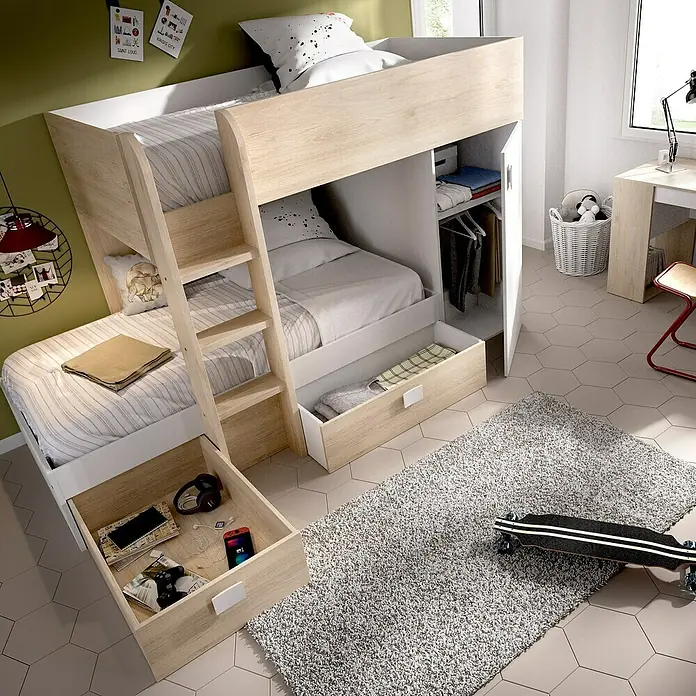 Dekit Litera Move - Natural/Blanco, Montaje reversible - Moderna litera en blanco y madera, que ofrece soluciones de almacenamiento y para dormir elegantes para habitaciones infantiles.