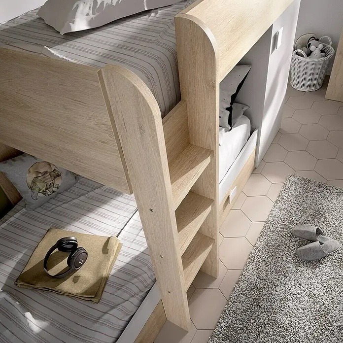Dekit Litera Move - Natural/Blanco, Montaje reversible - Una litera moderna con escalera de madera y almacenamiento. Ideal para habitaciones infantiles con espacio limitado.
