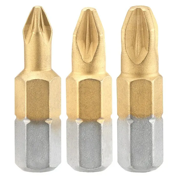 Connex Set de puntas COXT973856 - 3 pzs. - Tres puntas de destornillador doradas con diferentes puntas para diversos perfiles de tornillos en detalle.