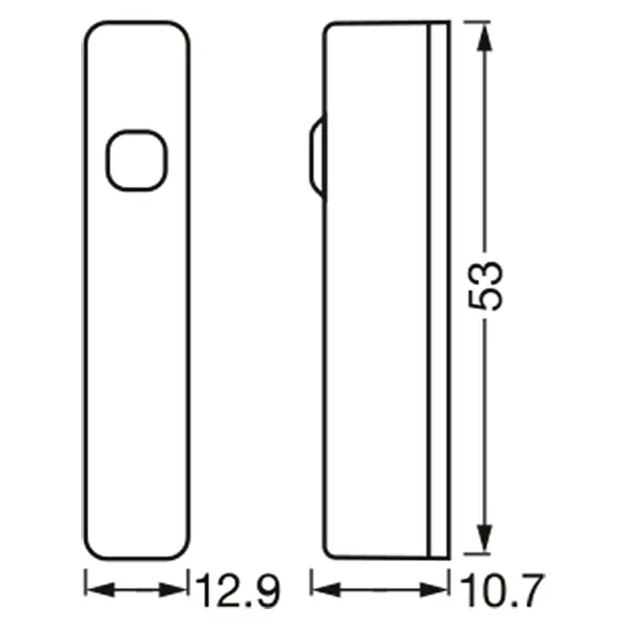 Ledvance Smart+ WiFi Funk-Fensterkontakt - Weiß, 3,1 x 2,4 x 7,2 cm - Produktansicht mit Maßangaben: Die Abbildung zeigt detaillierte Maße des Produkts mit einer Höhe von 88, einer Breite von 12,9 und einer Tiefe von 10,7.