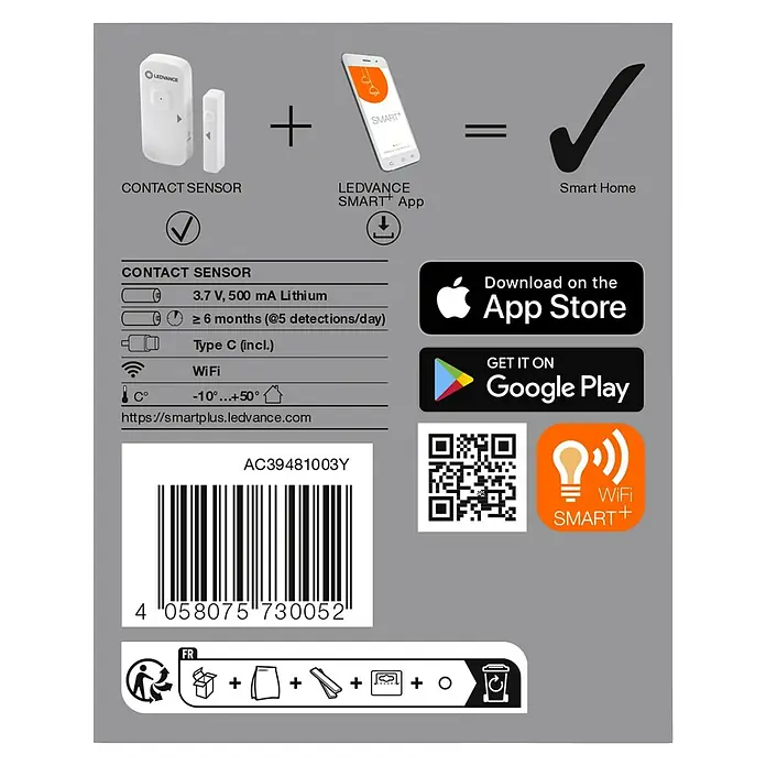 Ledvance Smart+ WiFi Funk-Fensterkontakt - Weiß, 3,1 x 2,4 x 7,2 cm - Produktbild des LEDVANCE Smart Home Contact Sensors, der mit der App verbunden wird für ein intelligentes Zuhause.