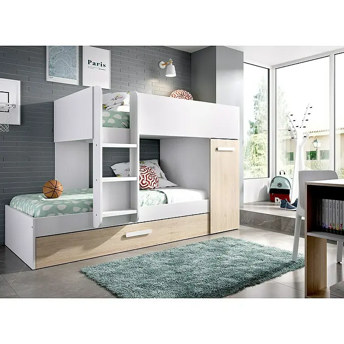 Dekit Litera Tom - L x An x Al: 112 x 144 x 150 cm, Blanco/Natural - Una litera moderna con estructura blanca y detalles de madera, ideal para una habitación infantil con estilo, que ofrece espacio para dormir y almacenamiento.