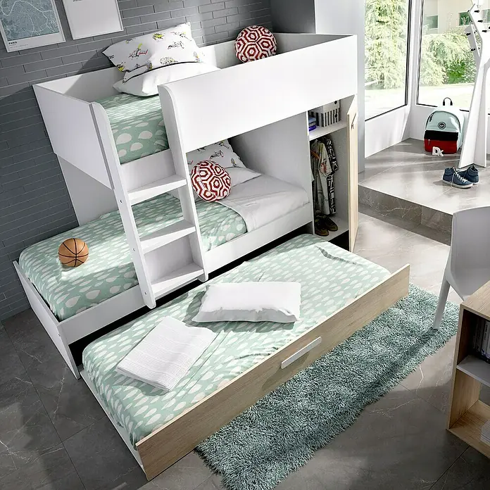 Dekit Litera Tom - L x An x Al: 112 x 144 x 150 cm, Blanco/Natural - Moderna litera con cama nido y armario integrado en un diseño elegante para habitación infantil.