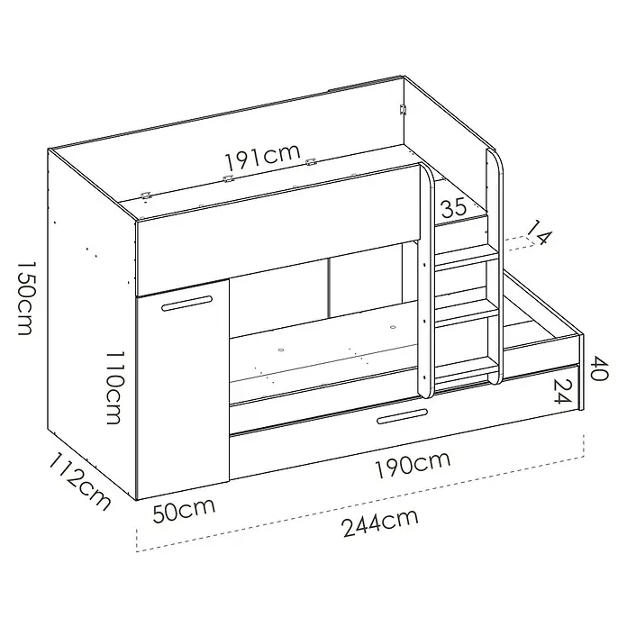Dekit Litera Tom - L x An x Al: 112 x 144 x 150 cm, Blanco/Grafito - Ilustración de una cama funcional con armario integrado y escalera, ideal para espacios pequeños.