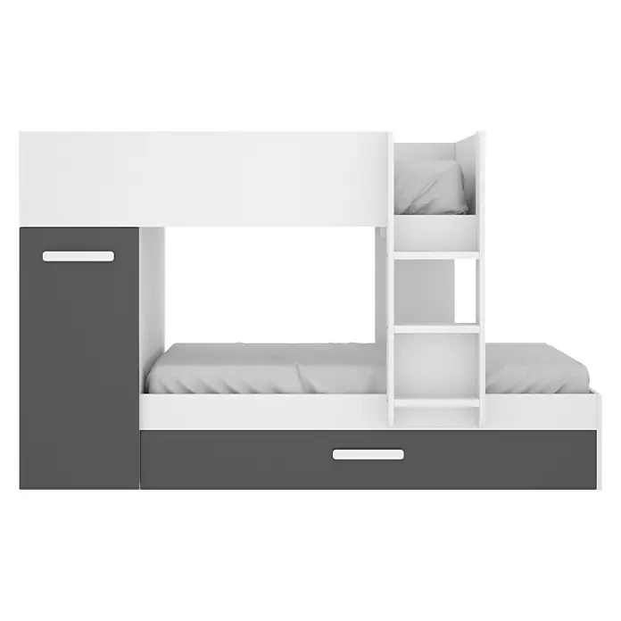 Dekit Litera Tom - L x An x Al: 112 x 144 x 150 cm, Blanco/Grafito - Litera funcional blanca y gris con almacenamiento integrado. Ideal para habitaciones infantiles con espacio limitado.