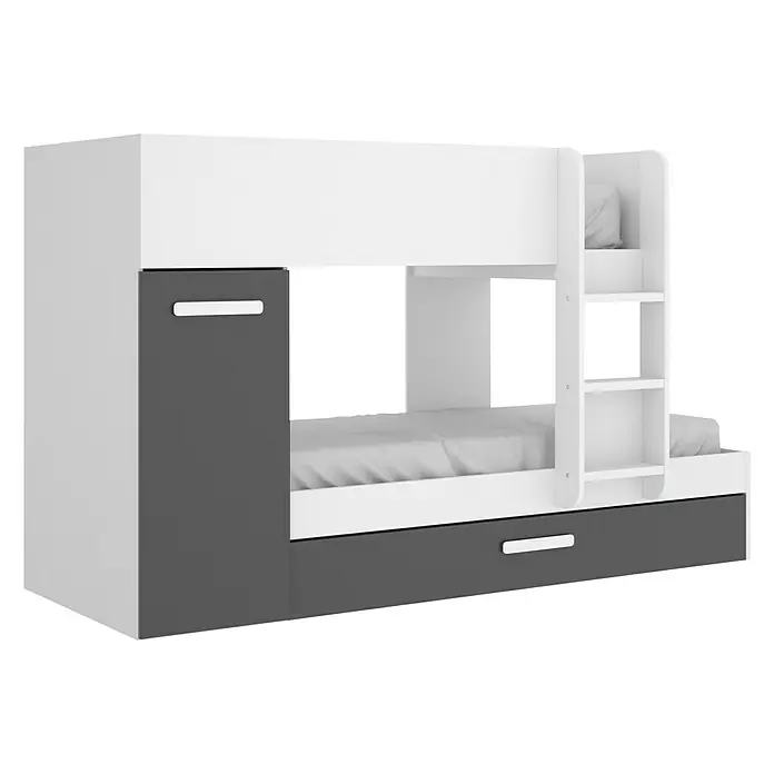 Dekit Litera Tom - L x An x Al: 112 x 144 x 150 cm, Blanco/Grafito - Moderna litera en blanco y gris con estantes y almacenamiento integrados para una habitación infantil elegante.