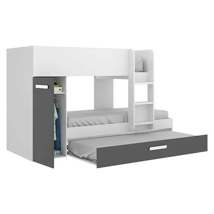 Dekit Litera Tom - L x An x Al: 112 x 144 x 150 cm, Blanco/Grafito - Esta imagen muestra una litera moderna en tonos blancos y grises, con una cama extraíble y almacenamiento integrado. Perfecto para habitaciones infantiles.