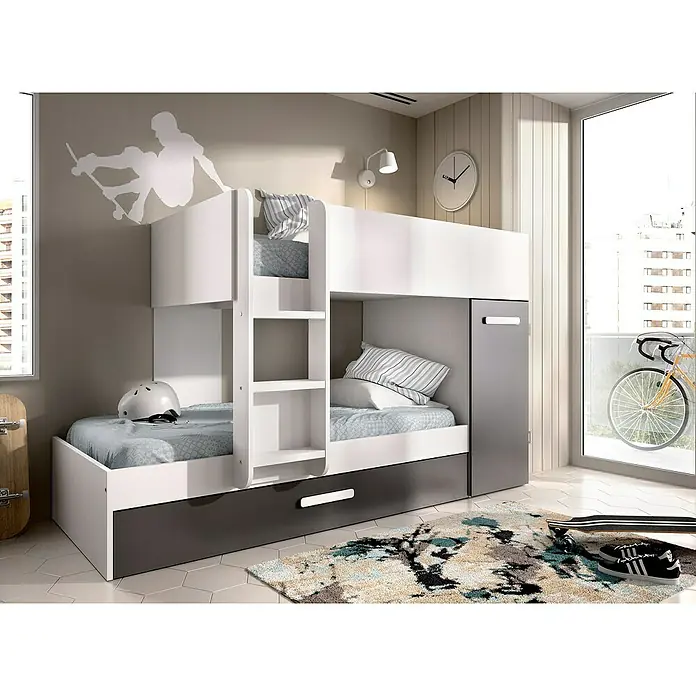 Dekit Litera Tom - L x An x Al: 112 x 144 x 150 cm, Blanco/Grafito - Litera juvenil en blanco y gris con almacenaje, ideal para una habitación infantil moderna con un toque deportivo.