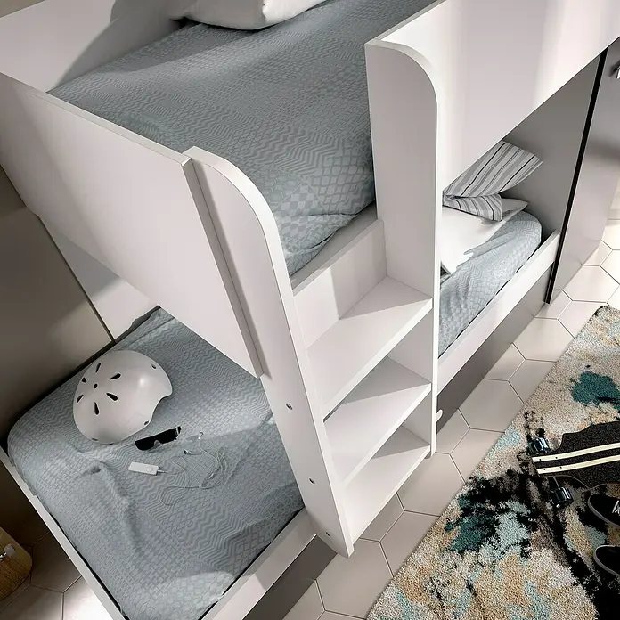 Dekit Litera Tom - L x An x Al: 112 x 144 x 150 cm, Blanco/Grafito - Litera blanca con escalera, perfecta para habitaciones infantiles. Ideal para hermanos o invitados, diseño que ahorra espacio.