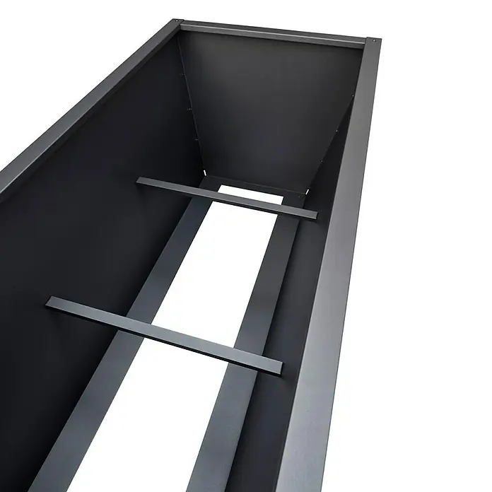 Gutta Hochbeet Valenta 200 - 200 x 90 x 80 cm, Aluminium, Anthrazit - Ansicht eines grauen, rechteckigen Pflanzgefäßes, das sich durch modernes Design und minimalistische Linien auszeichnet.
